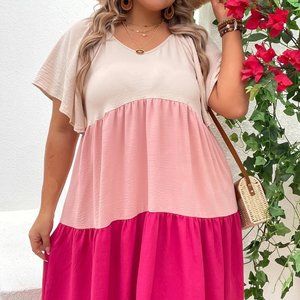 Pink Preppy Womens Plus Colorblock Butterfly Sleeve Ruffle Hem Dress